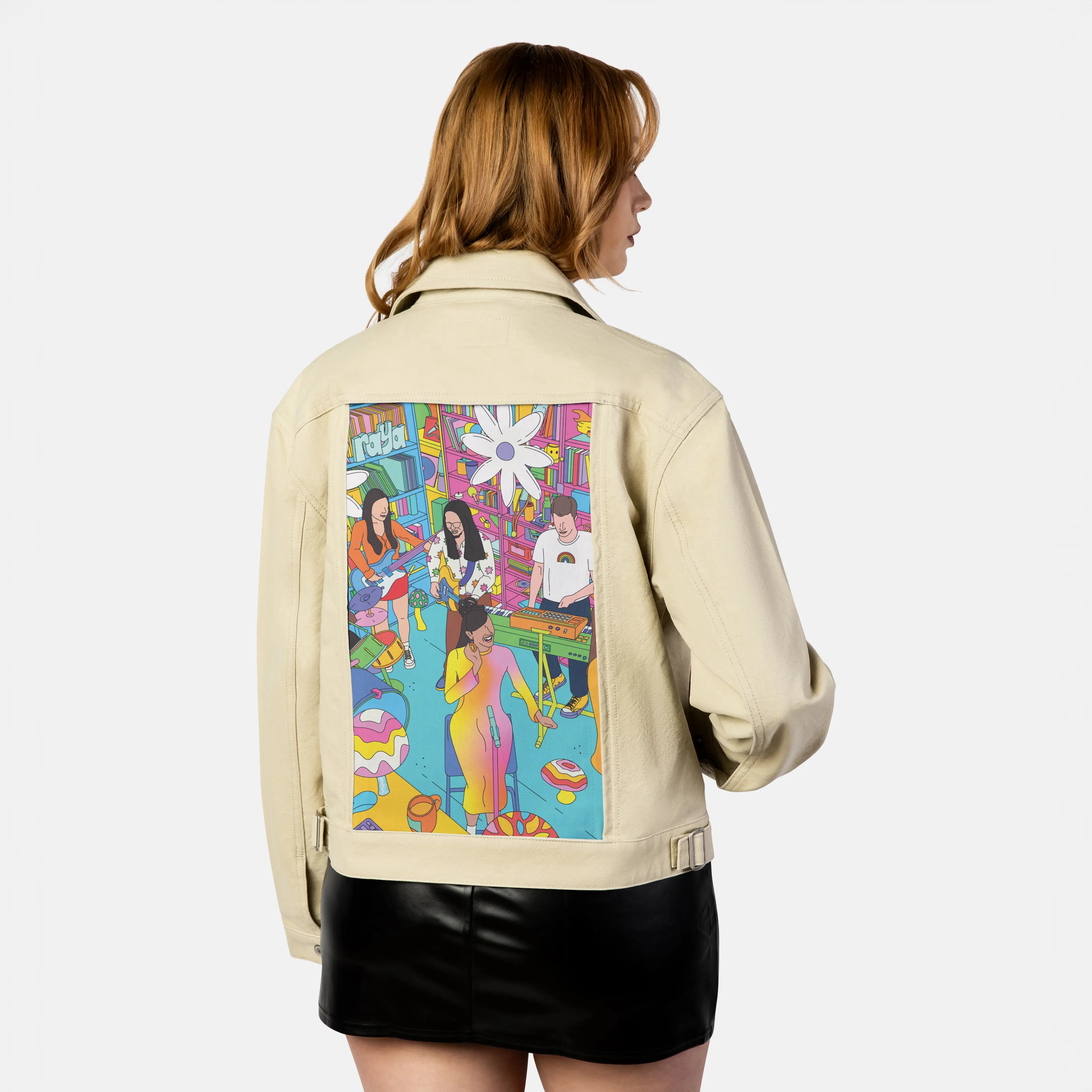 reveenatinydesk patch on female atelier canvas jacket in tan