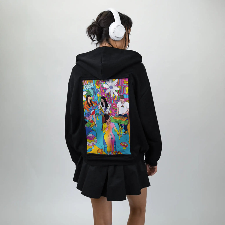 reveenatinydesk patch on female essential zip hoodie in after hours