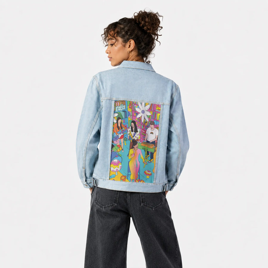 reveenatinydesk patch on female og denim jacket in oceanside