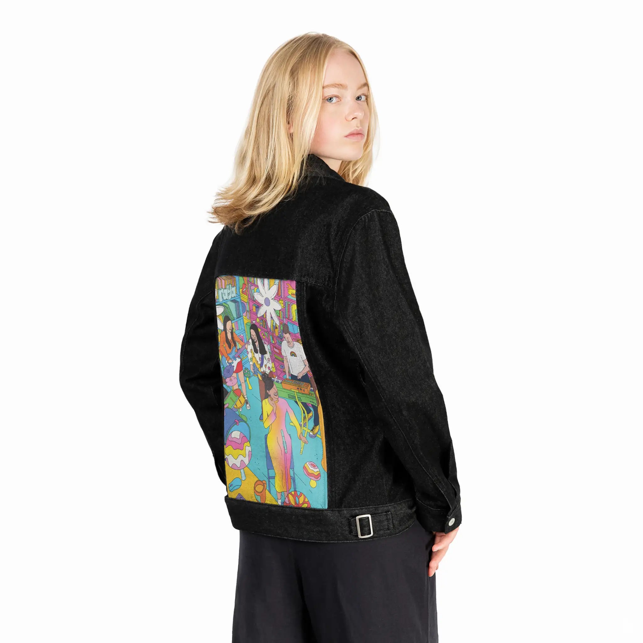 reveenatinydesk patch on female og denim jacket in raven