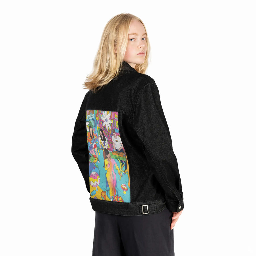 reveenatinydesk patch on female og denim jacket in raven