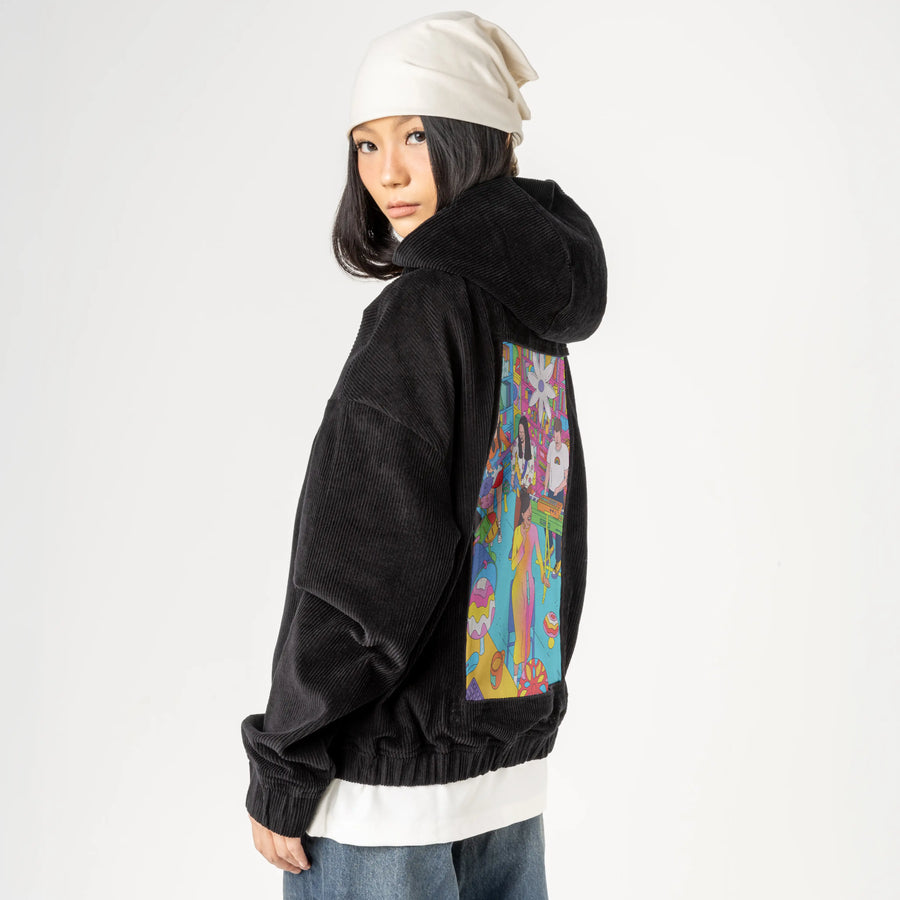 reveenatinydesk patch on female retro cord hoodie in onyx