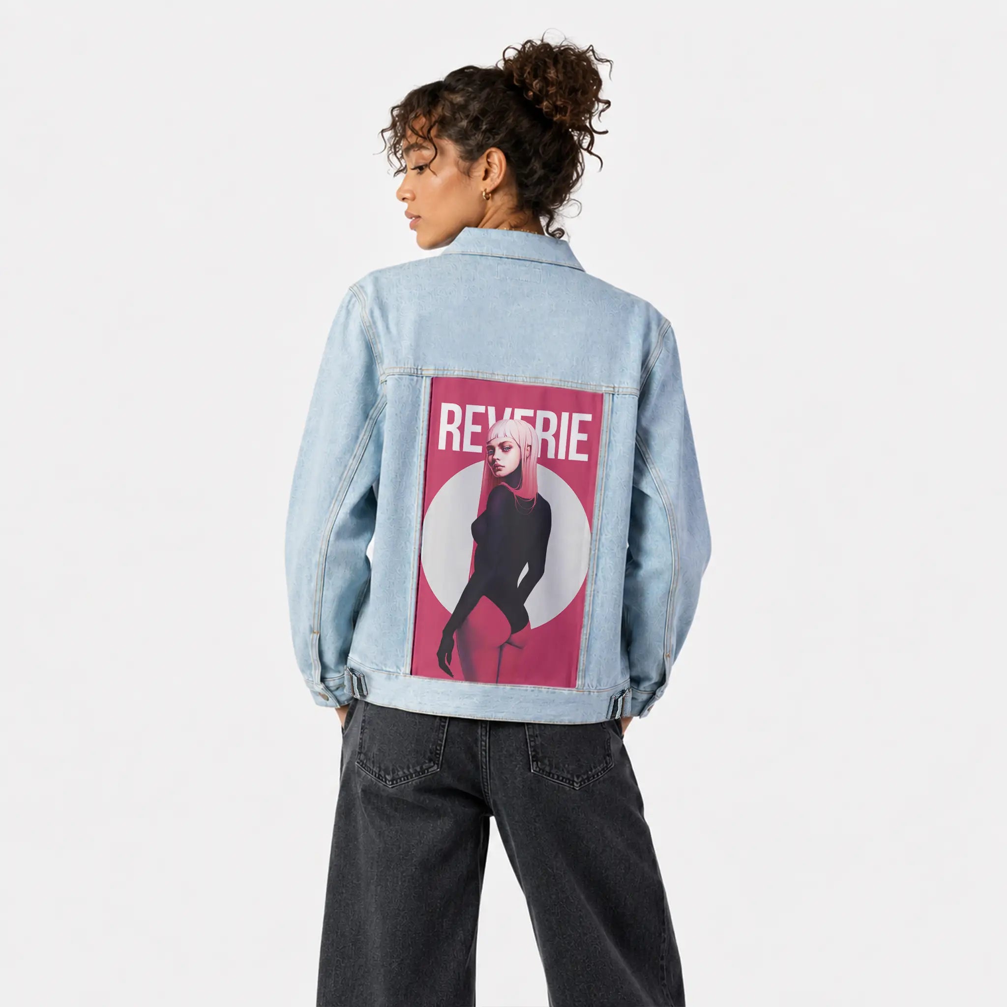 reverie patch on female og denim jacket in oceanside