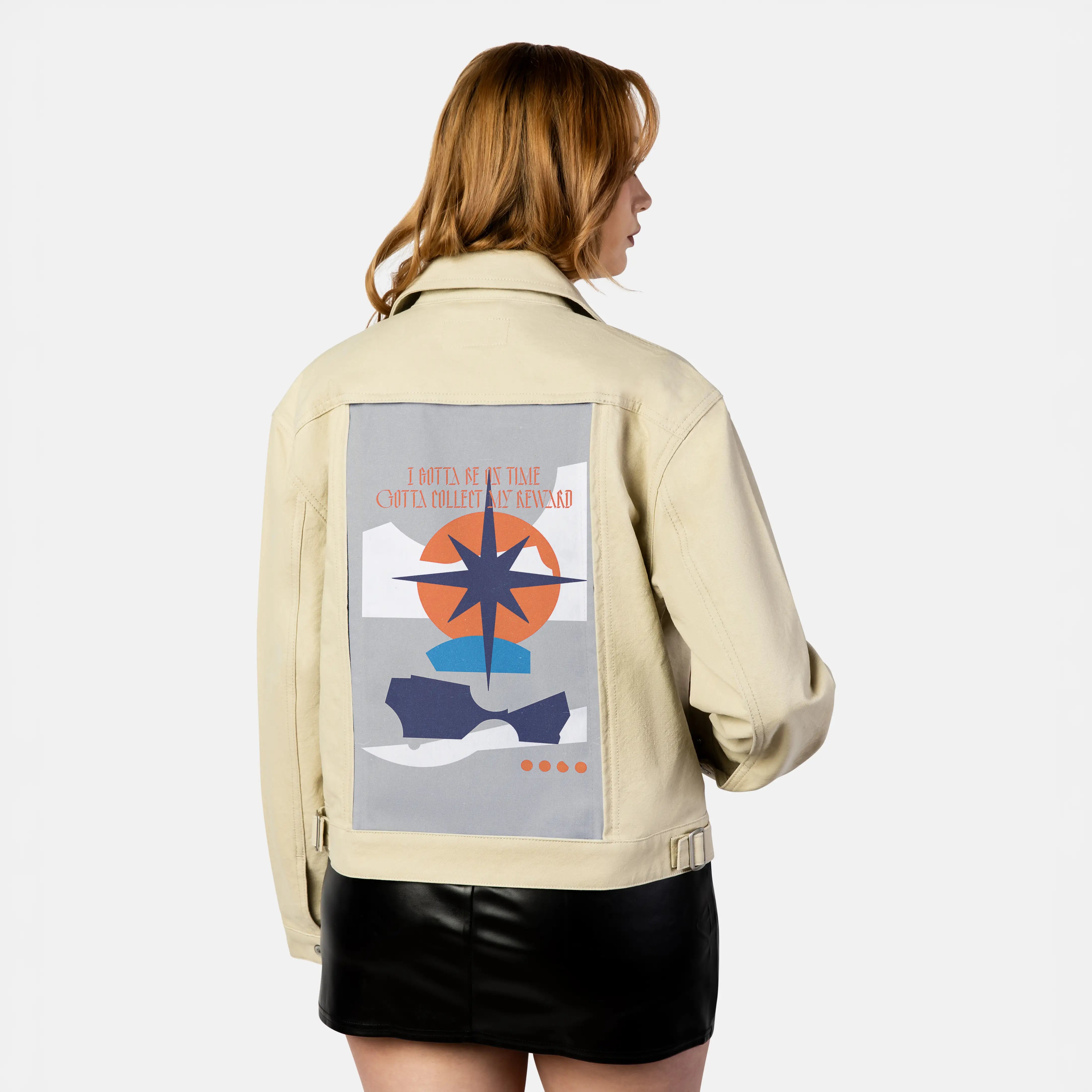 reward patch on female atelier canvas jacket in tan