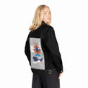 reward patch on female og denim jacket in raven