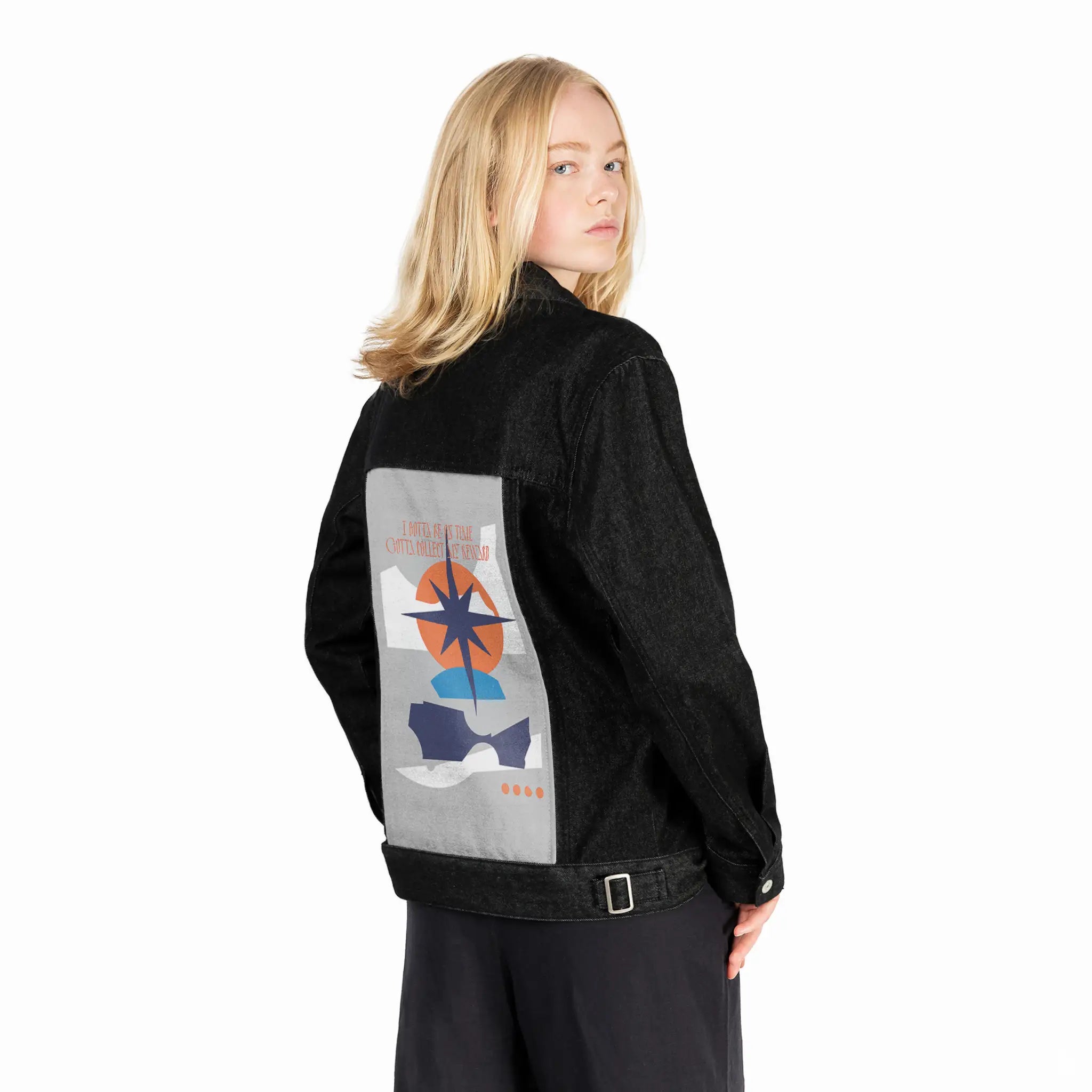 reward patch on female og denim jacket in raven