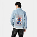reward patch on male og denim jacket in oceanside