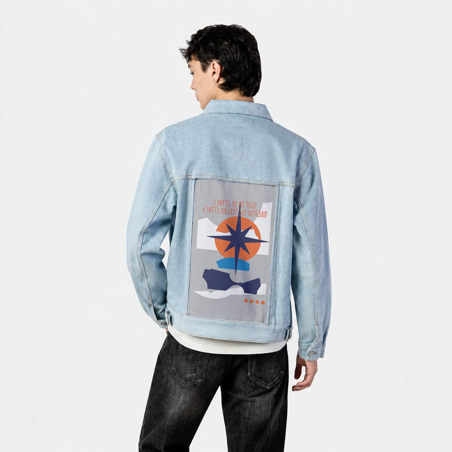 reward patch on male og denim jacket in oceanside