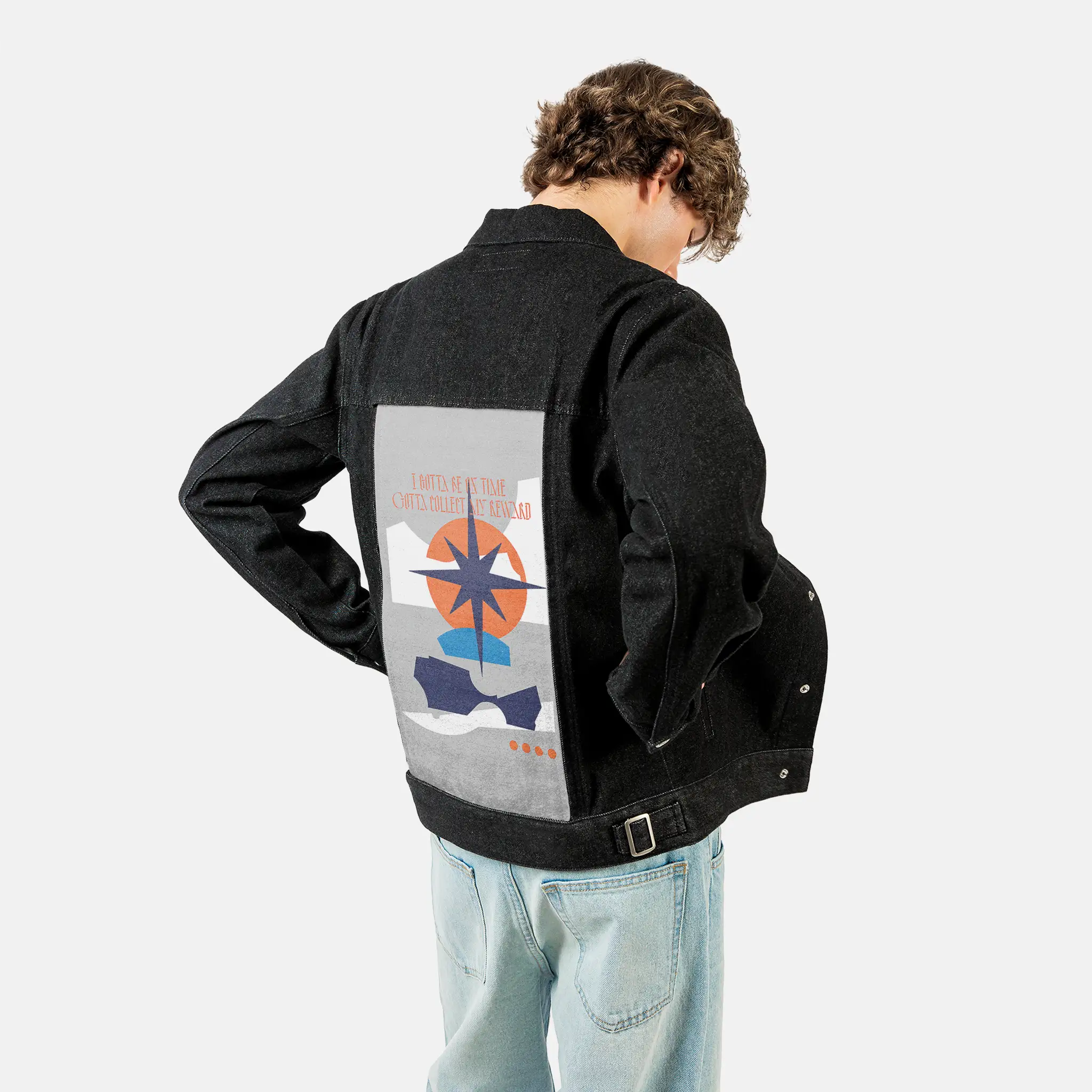 reward patch on male og denim jacket in raven