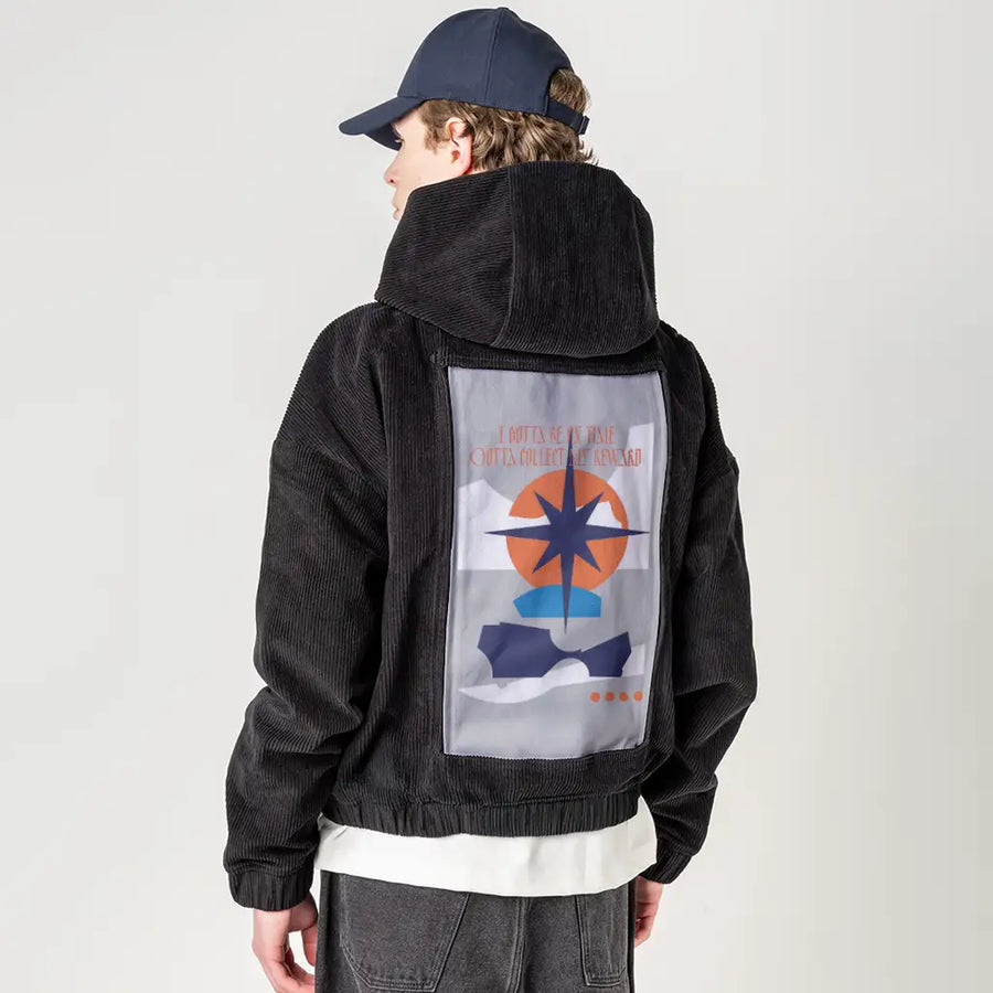 reward patch on male retro cord hoodie in onyx