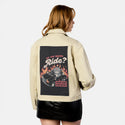 ridetohell patch on female atelier canvas jacket in tan