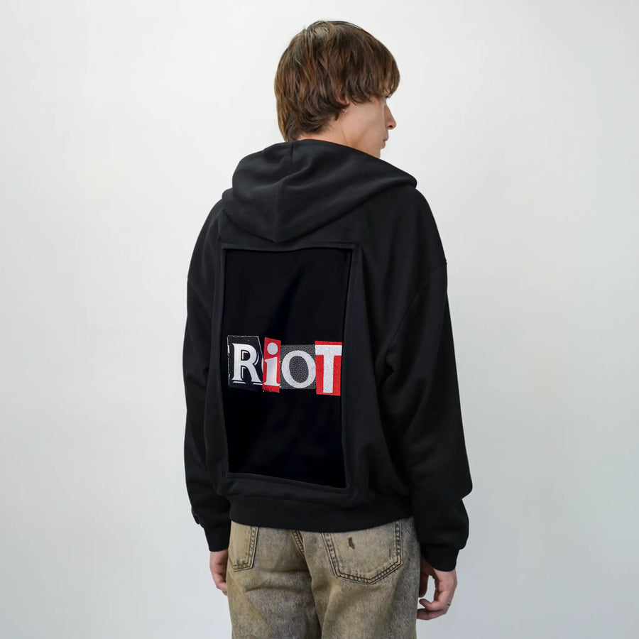 riot patch on male essential zip hoodie in after hours