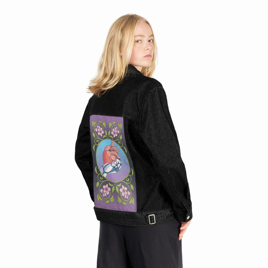robotheart patch on female og denim jacket in raven