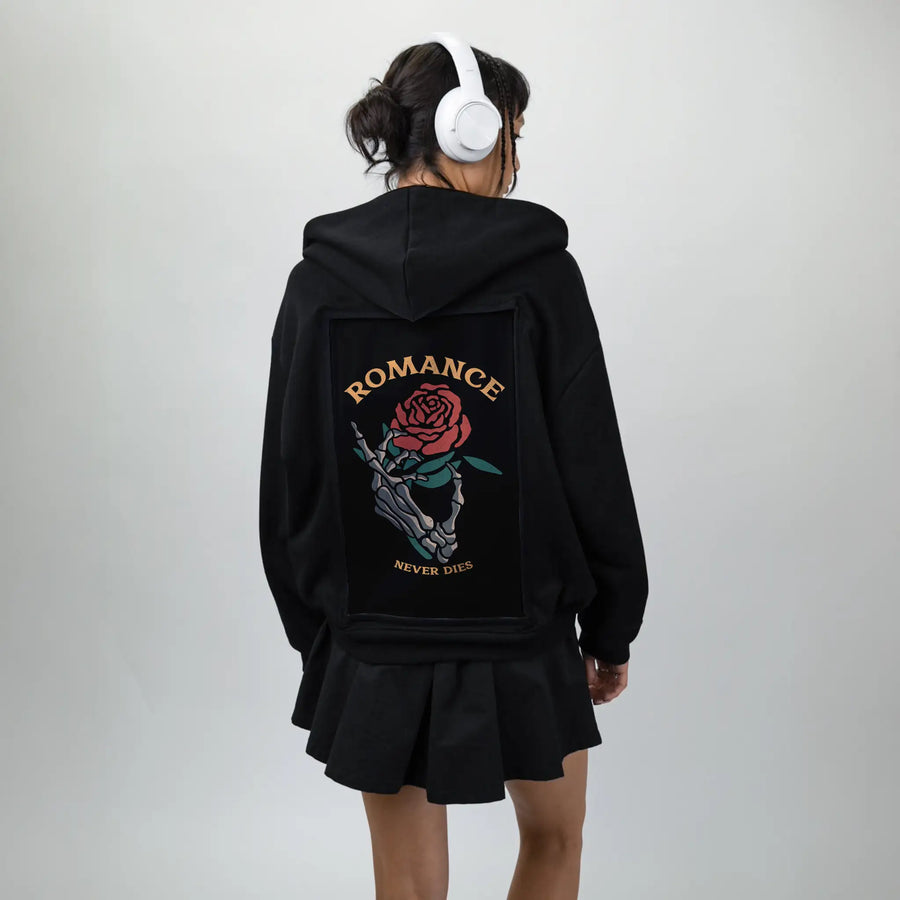 romanceneverdies patch on female essential zip hoodie in after hours