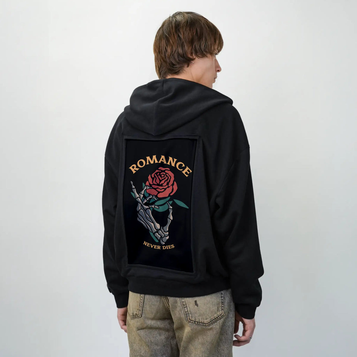 romanceneverdies patch on male essential zip hoodie in after hours