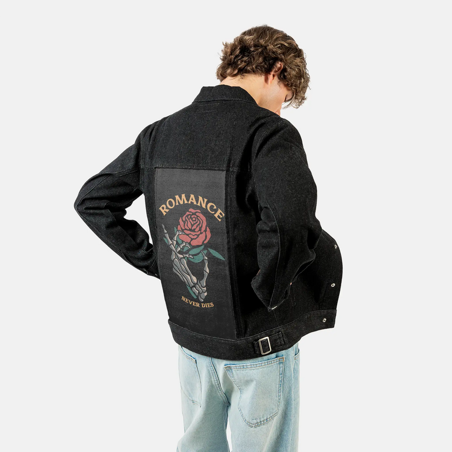 romanceneverdies patch on male og denim jacket in raven