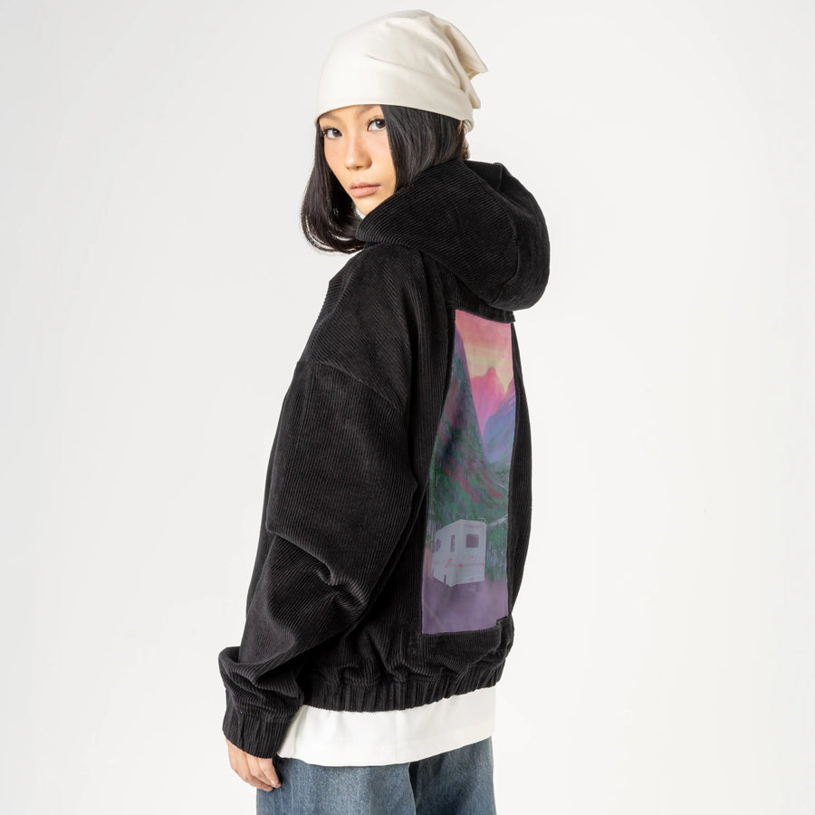 rvlife patch on female retro cord hoodie in onyx
