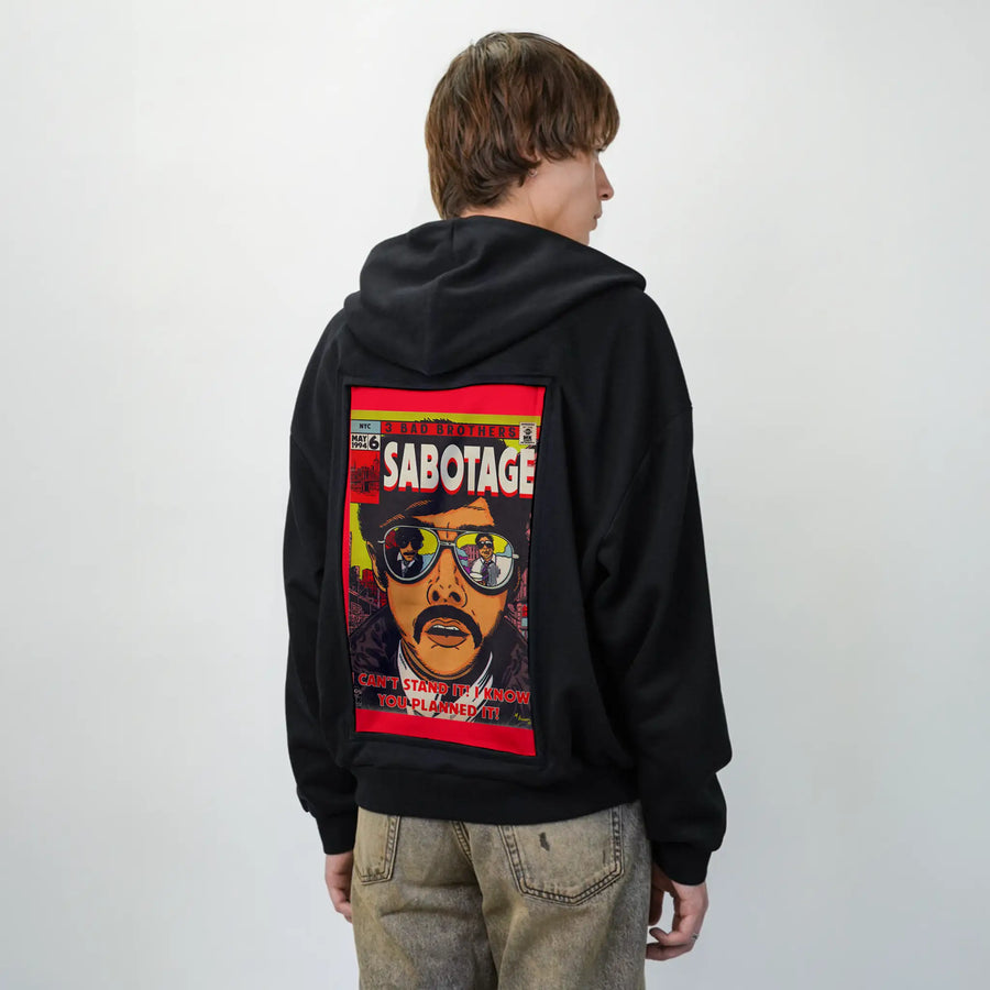 sabotage patch on male essential zip hoodie in after hours