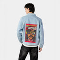 sabotage patch on male og denim jacket in oceanside