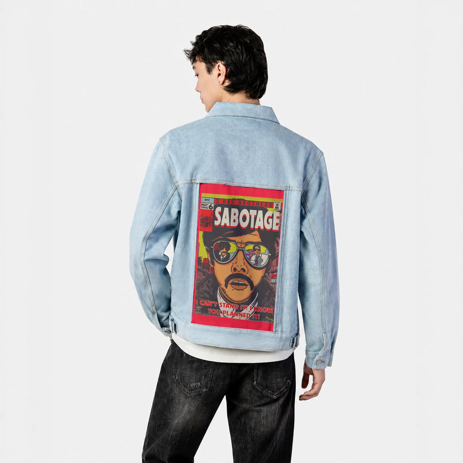 sabotage patch on male og denim jacket in oceanside