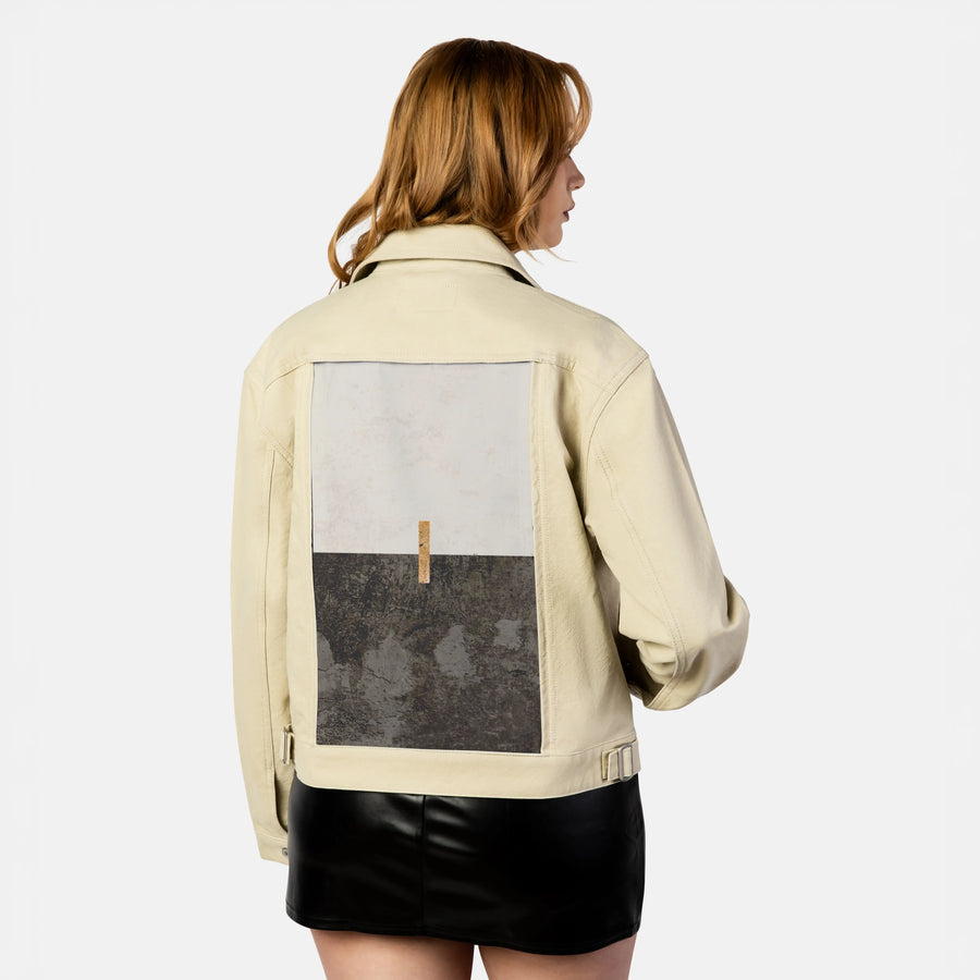 sacredunion patch on female atelier canvas jacket in tan