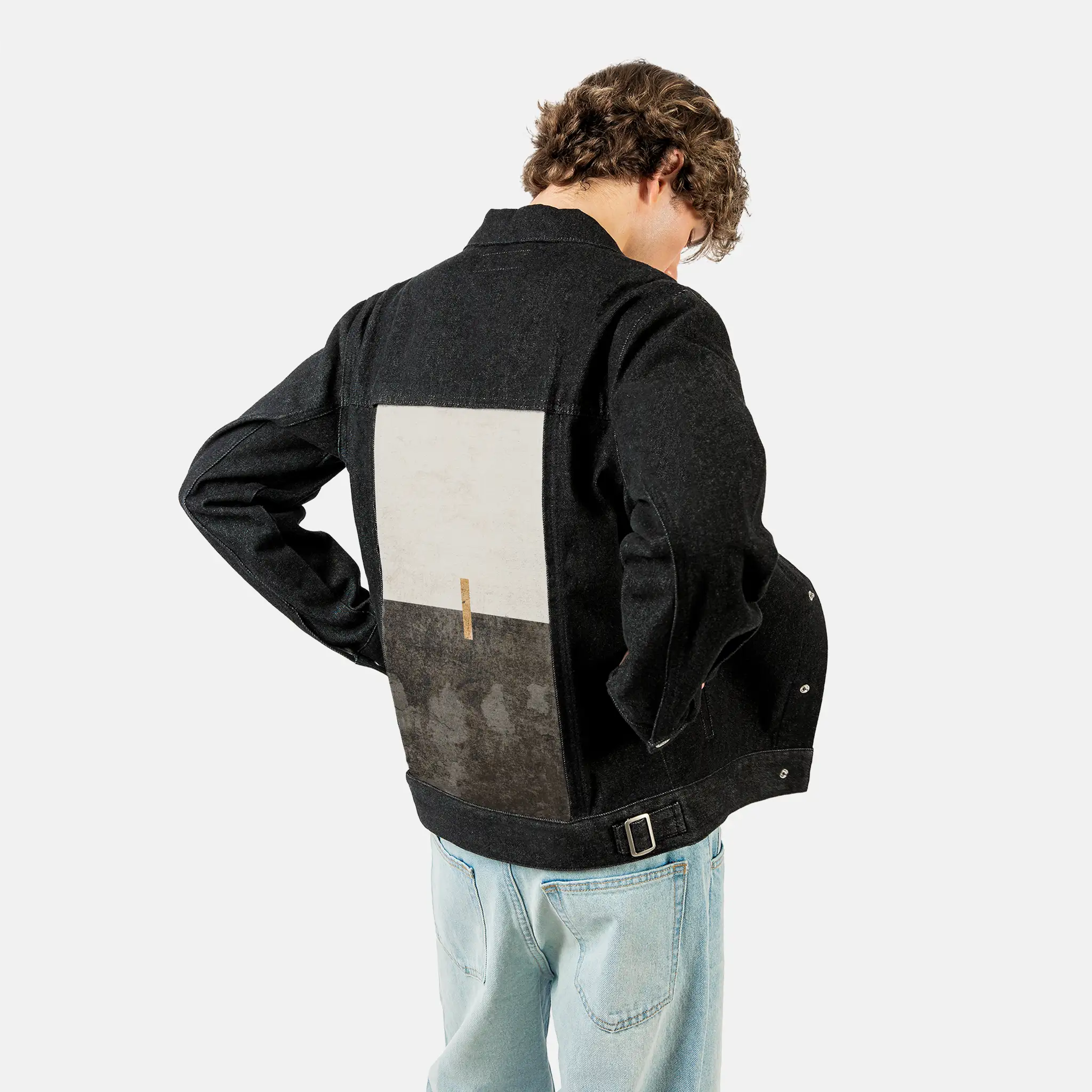 sacredunion patch on male og denim jacket in raven