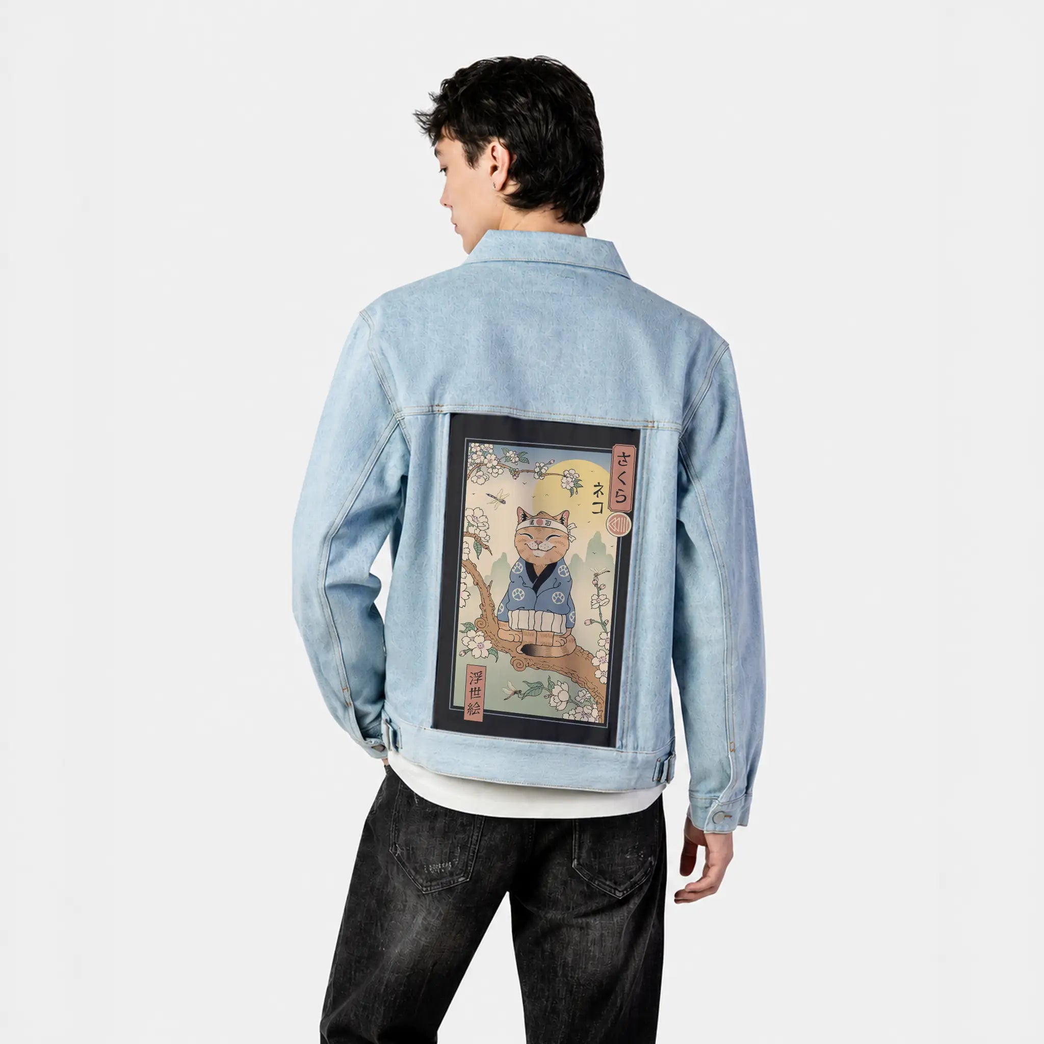 sakurabranch patch on male og denim jacket in oceanside