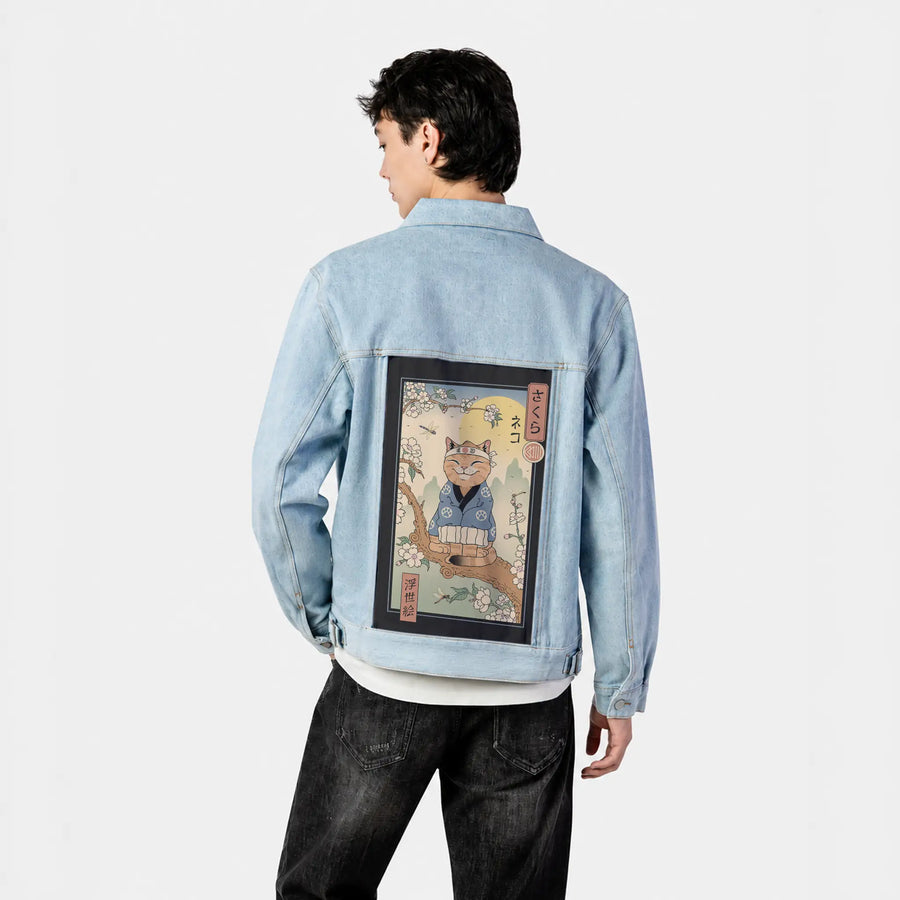 sakurabranch patch on male og denim jacket in oceanside