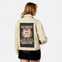 sarcastichedgehog patch on female atelier canvas jacket in tan