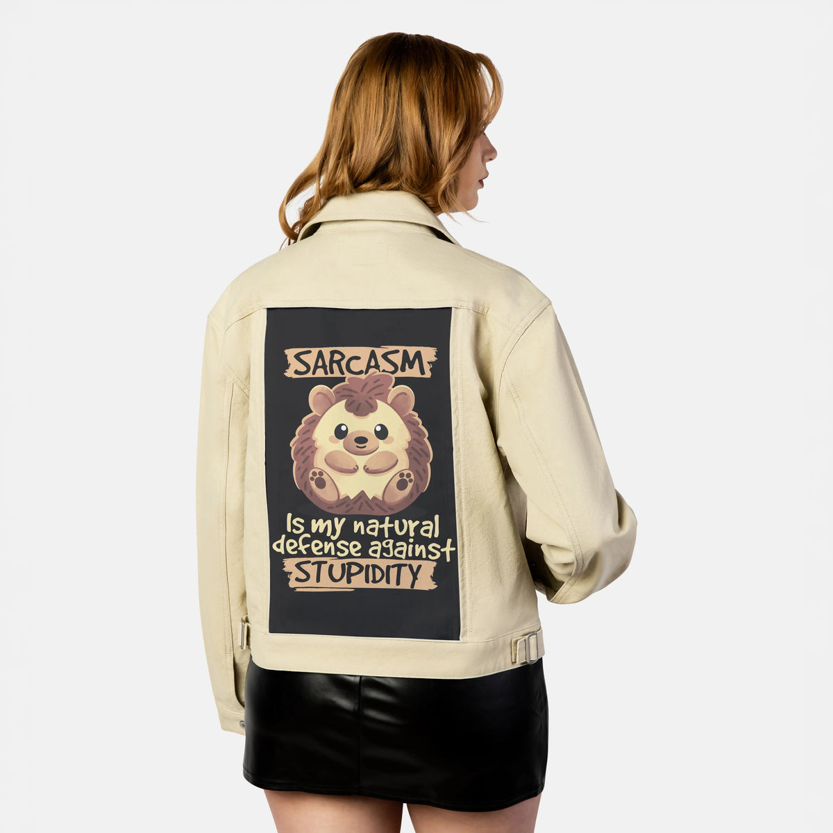 sarcastichedgehog patch on female atelier canvas jacket in tan