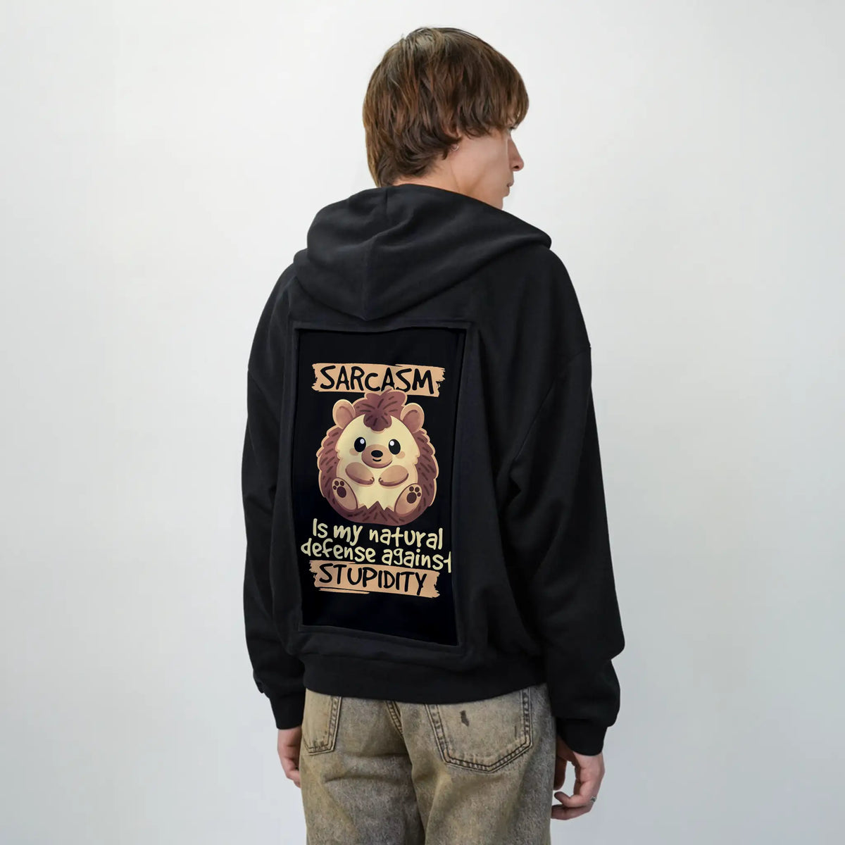 sarcastichedgehog patch on male essential zip hoodie in after hours