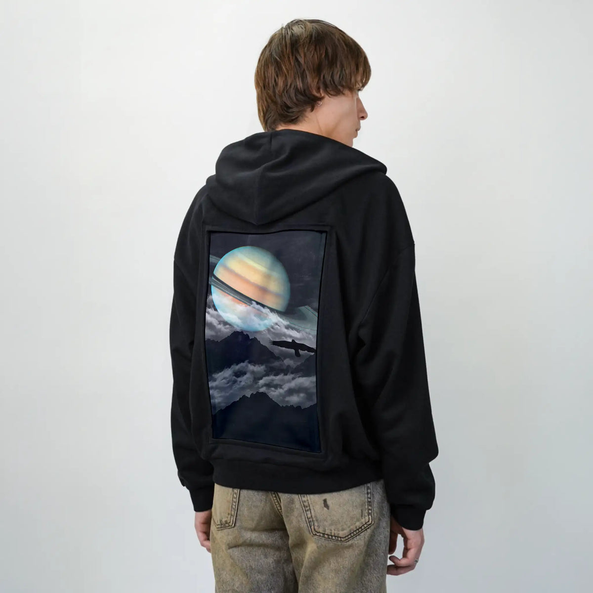 saturnabove patch on male essential zip hoodie in after hours