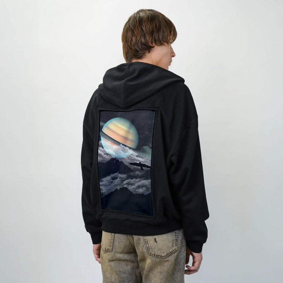 saturnabove patch on male essential zip hoodie in after hours