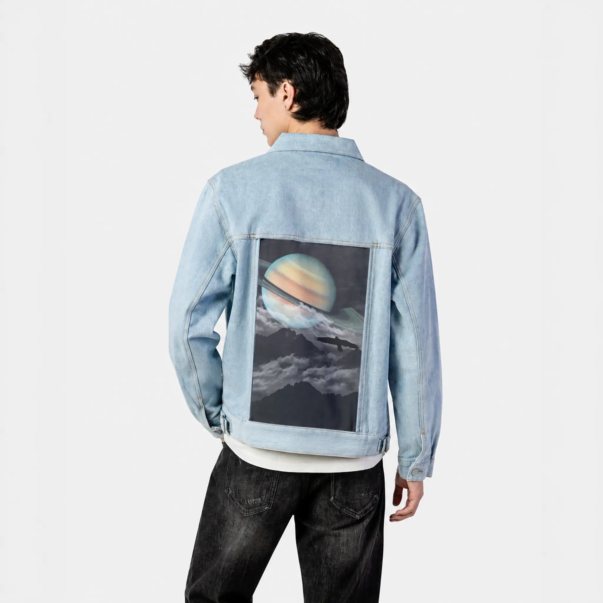 saturnabove patch on male og denim jacket in oceanside