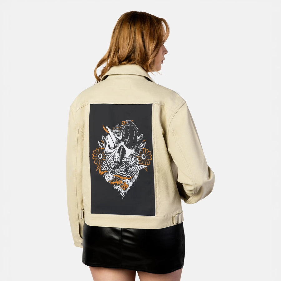 savage patch on female atelier canvas jacket in tan