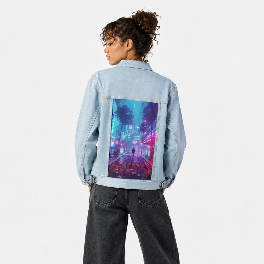 saviour patch on female og denim jacket in oceanside