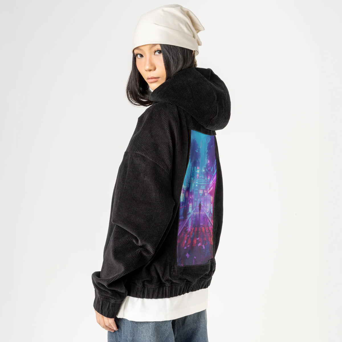 saviour patch on female retro cord hoodie in onyx