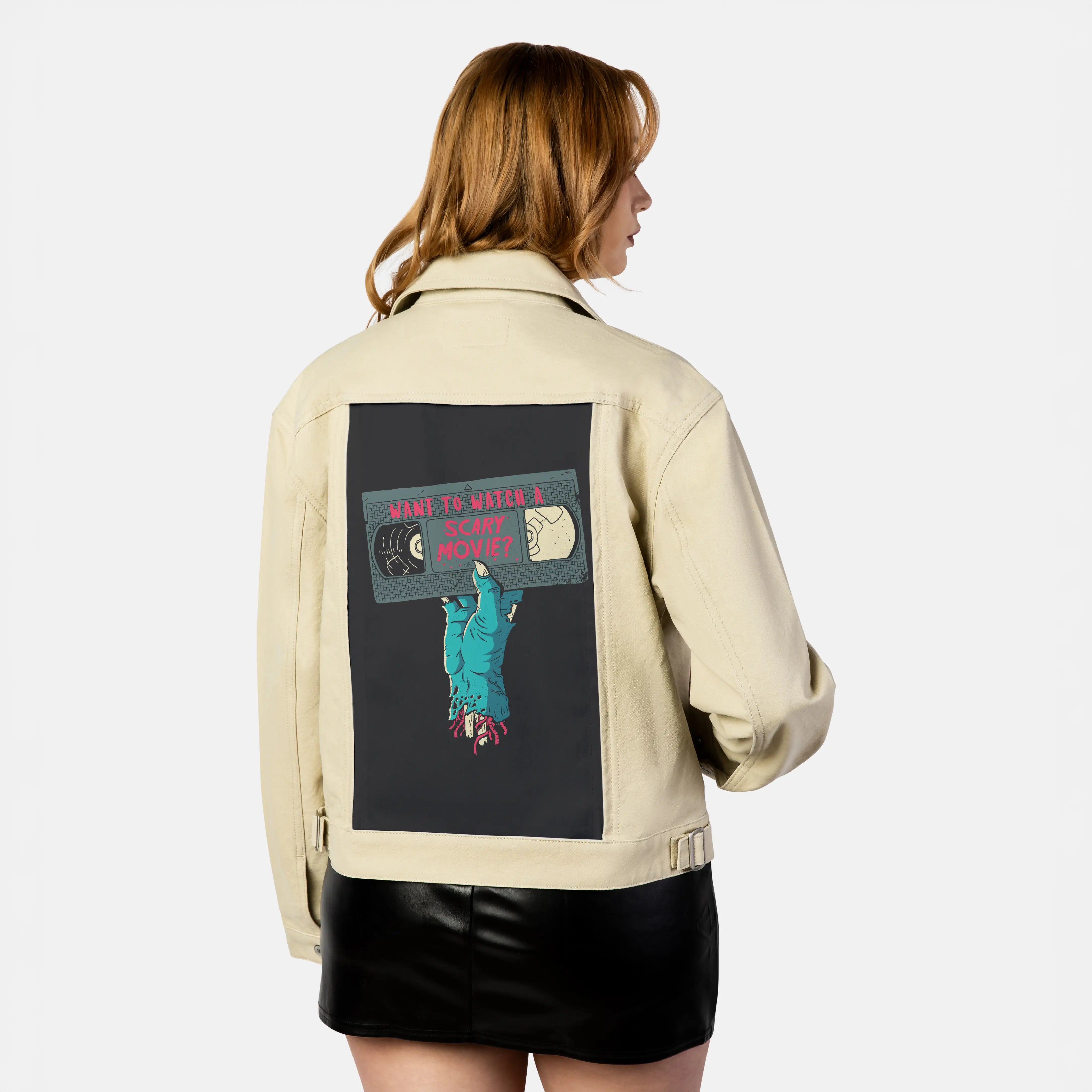 scarymovie patch on female atelier canvas jacket in tan