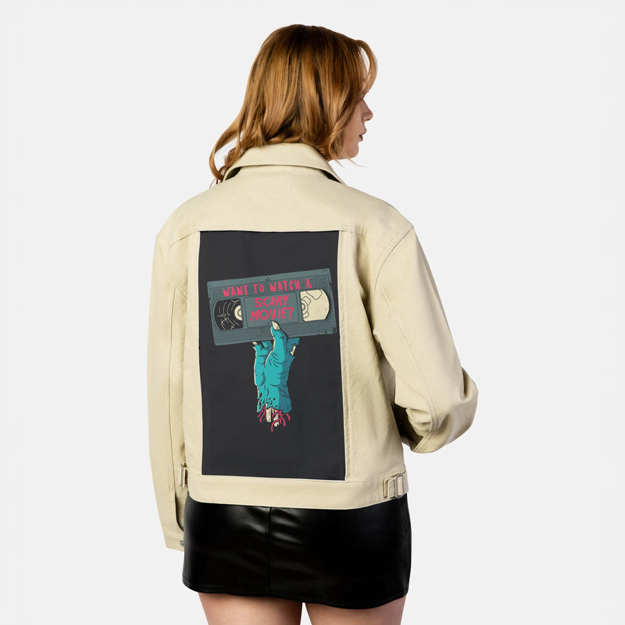 scarymovie patch on female atelier canvas jacket in tan
