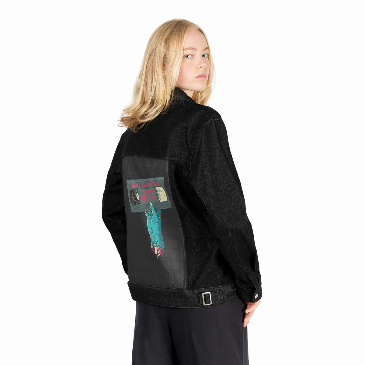 scarymovie patch on female og denim jacket in raven