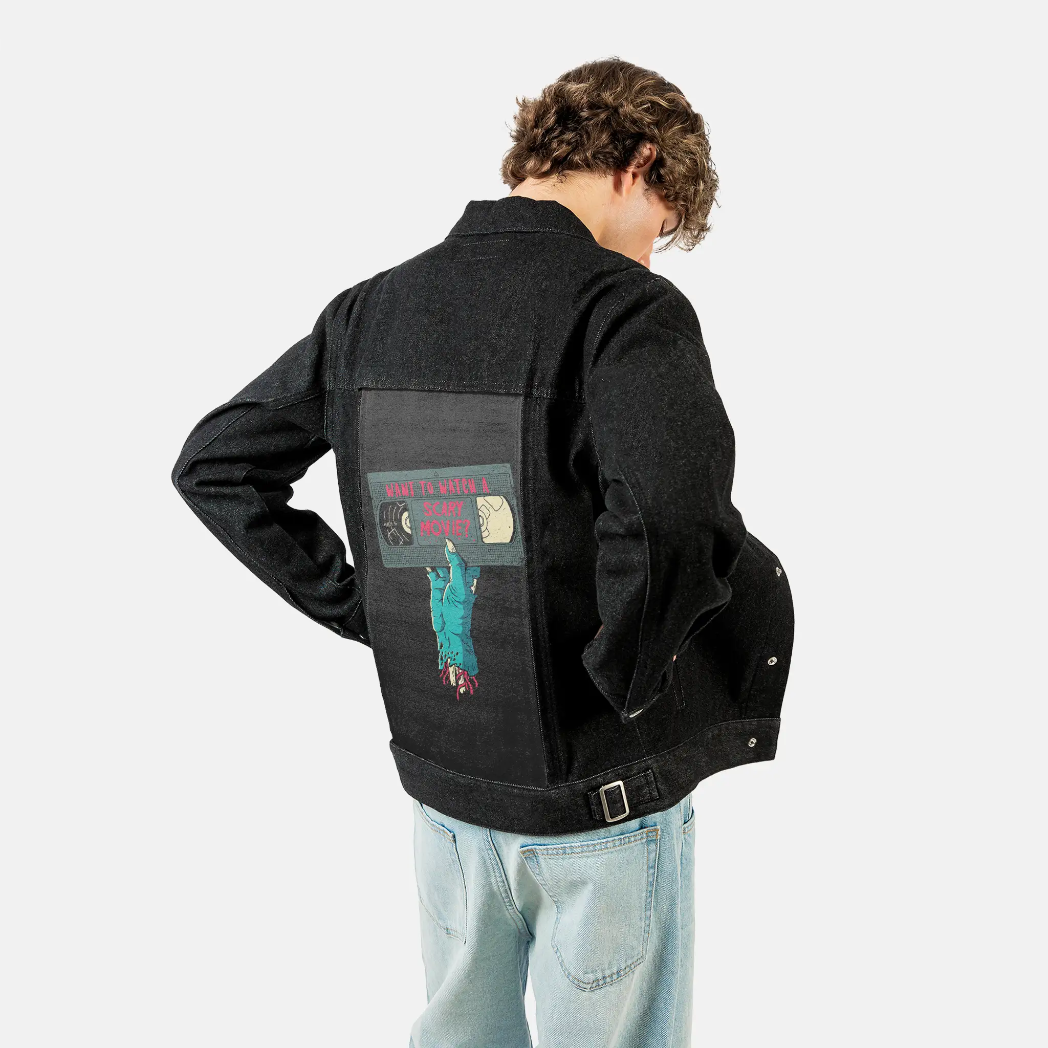 scarymovie patch on male og denim jacket in raven