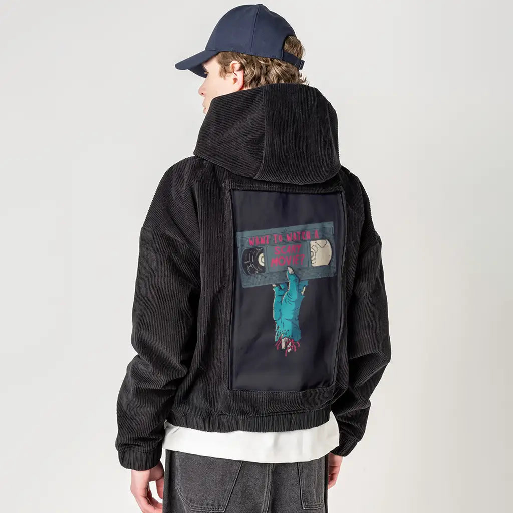 scarymovie patch on male retro cord hoodie in onyx