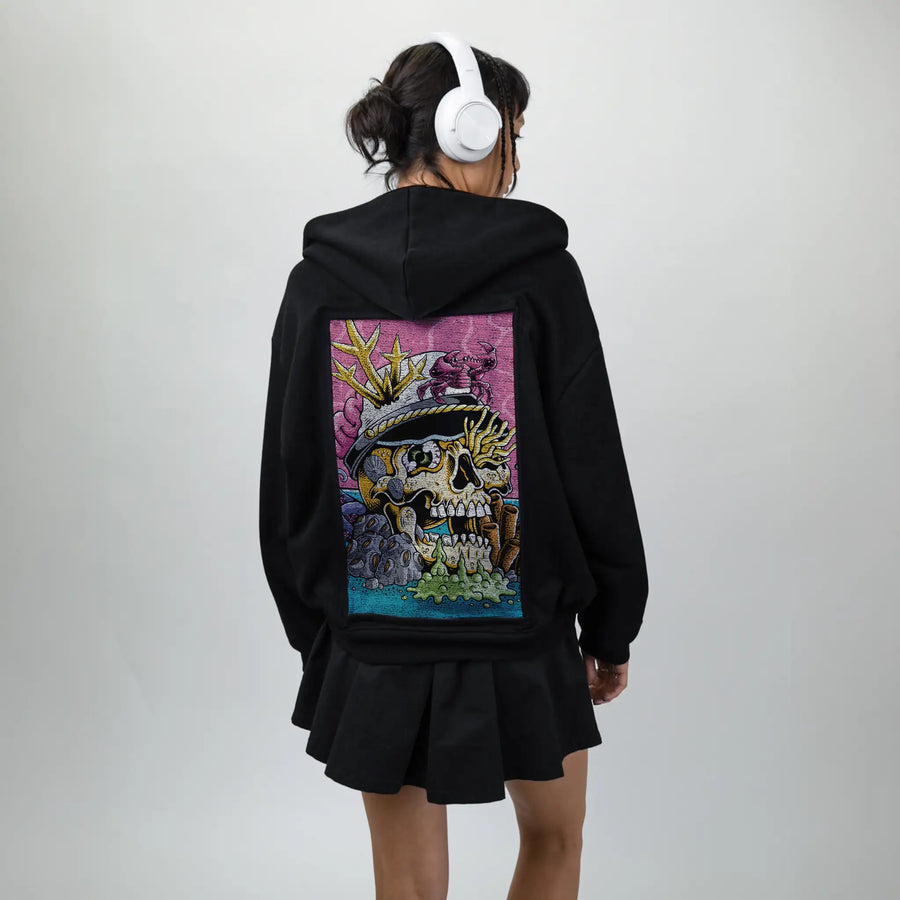 seastheday patch on female essential zip hoodie in after hours