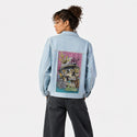 seastheday patch on female og denim jacket in oceanside