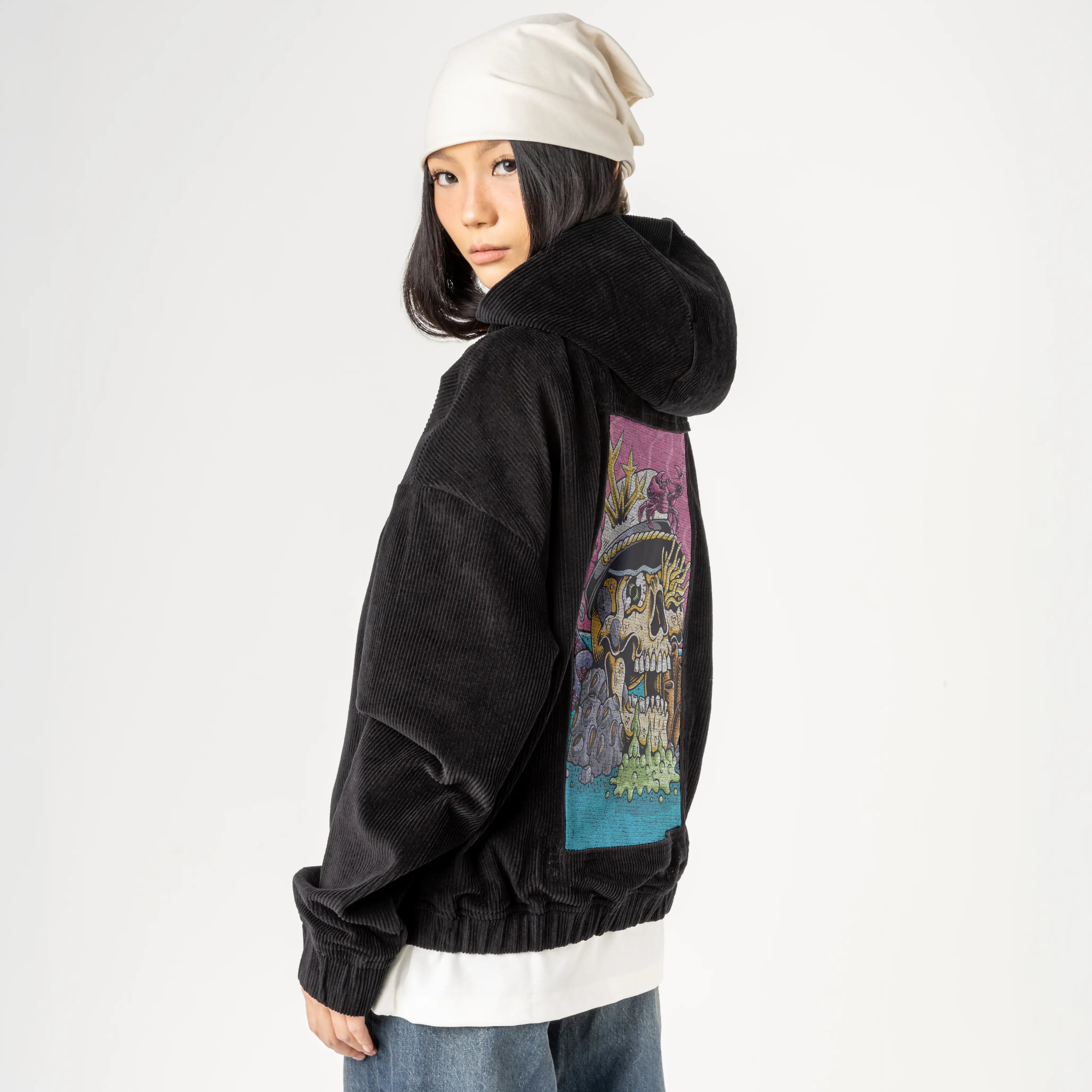 seastheday patch on female retro cord hoodie in onyx