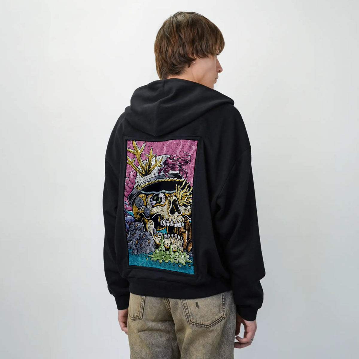 seastheday patch on male essential zip hoodie in after hours