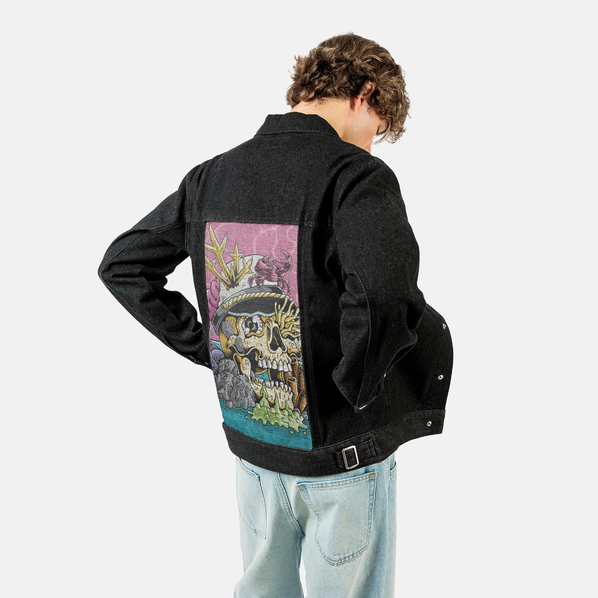 seastheday patch on male og denim jacket in raven