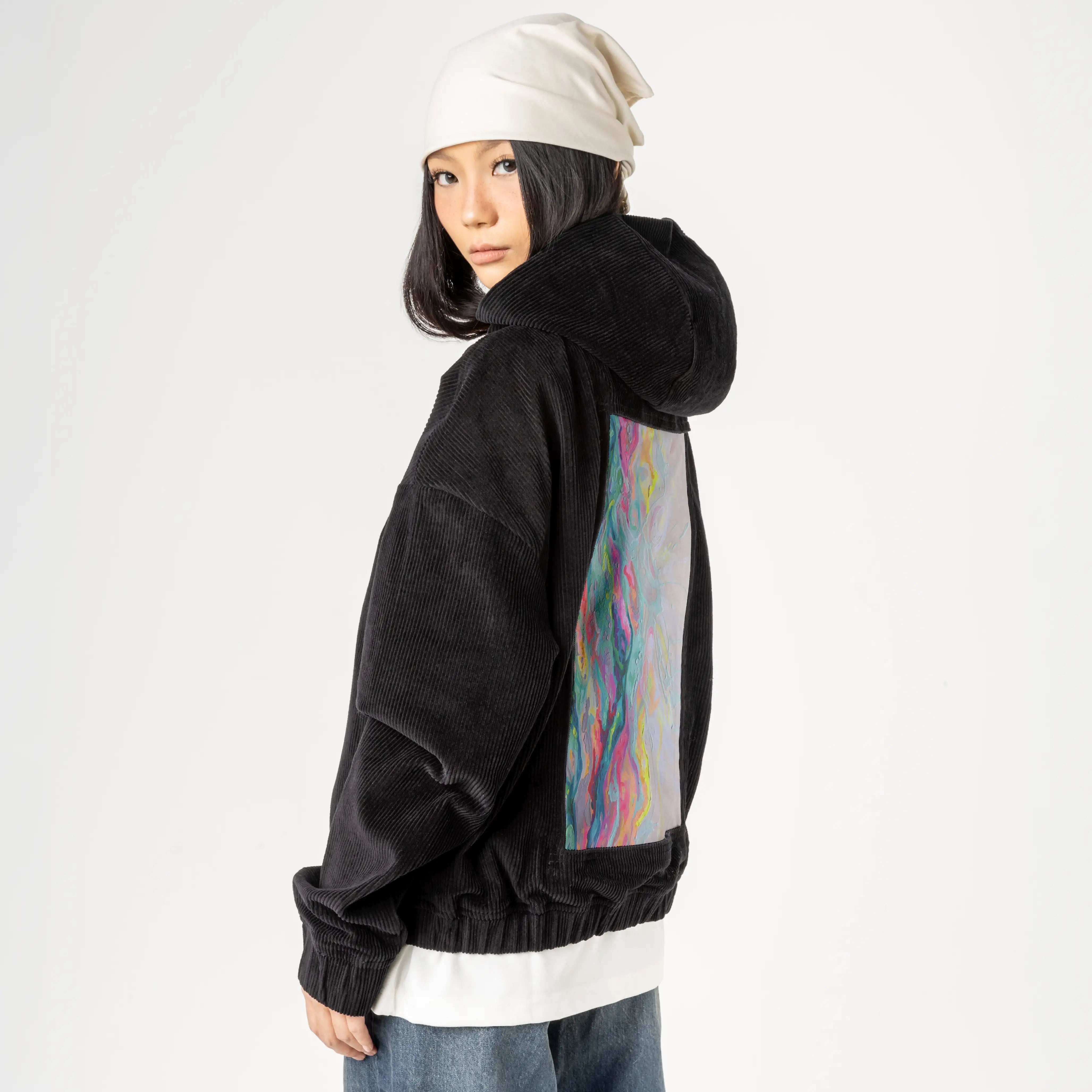 secondrodeo patch on female retro cord hoodie in onyx