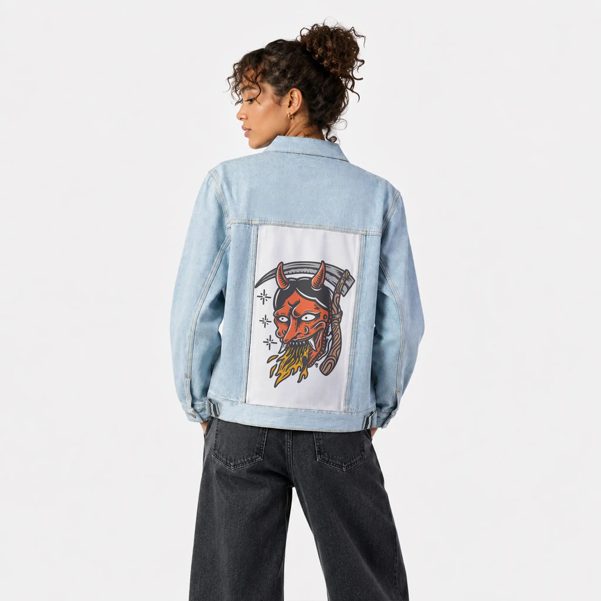 seeyousoon patch on female og denim jacket in oceanside