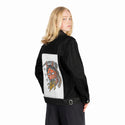 seeyousoon patch on female og denim jacket in raven